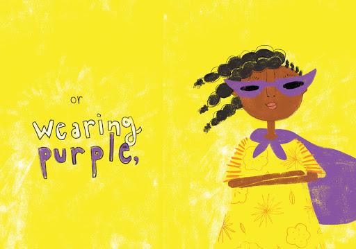 Illustration from Layla's Happiness shows a girl wearing a yellow draess and purple cape and purple mask like a superhero.