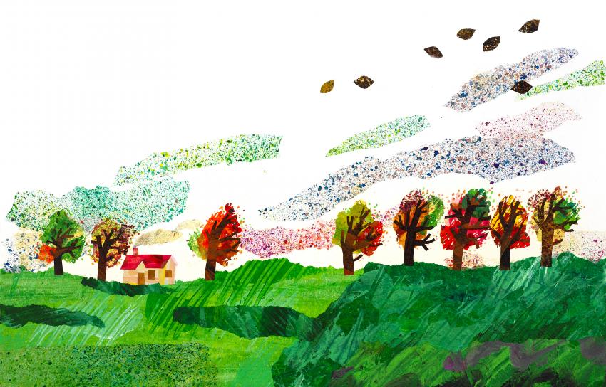 collage of landscape with green grass, trees with fall colors and a small house in the background, large green, red, and gray clouds, and a few leaves drifting in the wind