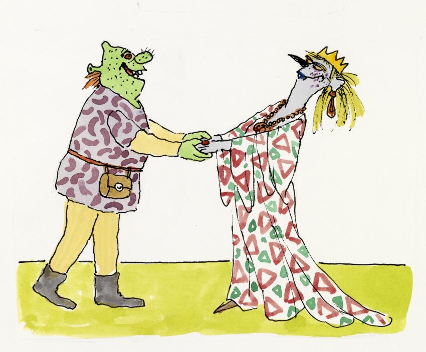 Illustration of Shrek getting married. 