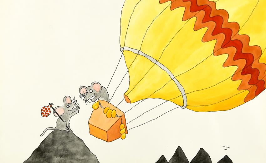 Illustration of mouse in hot air balloon reaching out to another mouse on a mountain. 