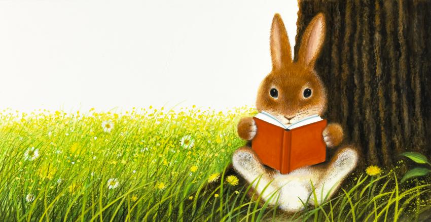 Illustration of bunny reading a book. 