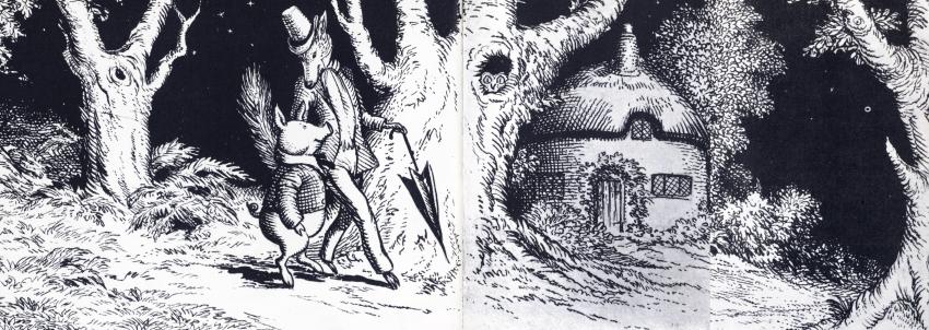 Illustration of fox walking towards house.
