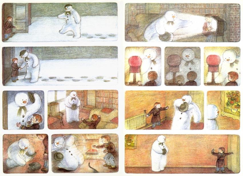 Illustrated panels showing animated snowman. 