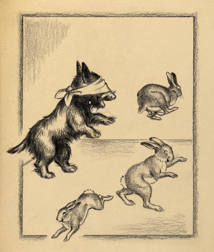 Illustration of blind-folded dog and three rabbits. 