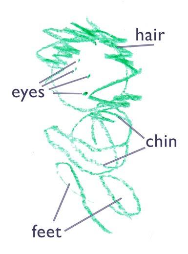 A green drawing of a baby created by a young person, with labels pointing to the features to explain what the marks mean.