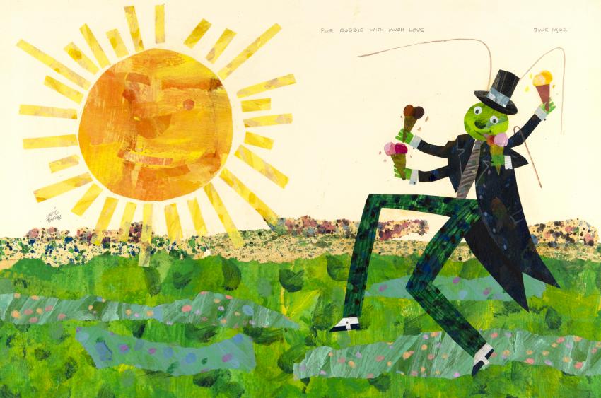Illustration of grasshopper dancing with ice cream cones in the sunshine. 