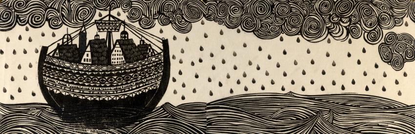 Illustration of boat crossing river in black pen.