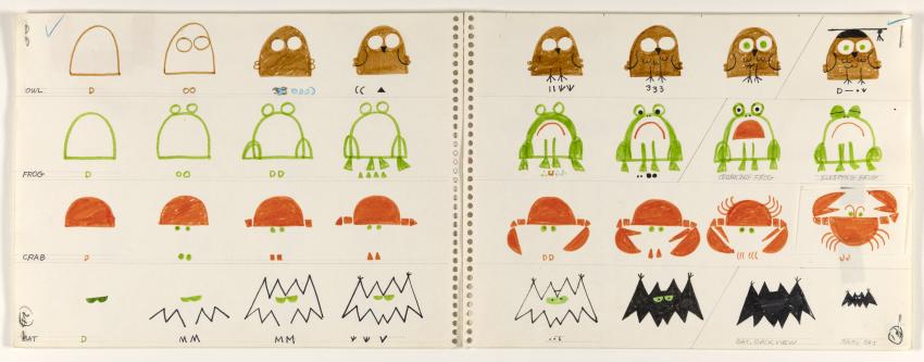 Series of how-to draw illustrations with owl, frog, crab, and bat.