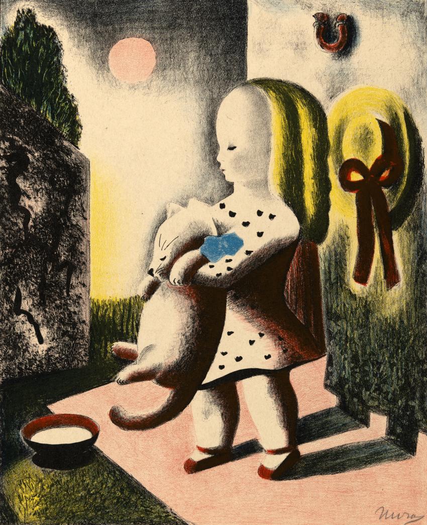 Illustration of girl holding cat near saucer. 