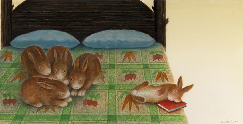 Bunnies sleeping on a bed. Four bunnies are huddled together, while one bunny rests closer to the bed's edge, holding a book. The bedspread is covered with a print of different vegetables.