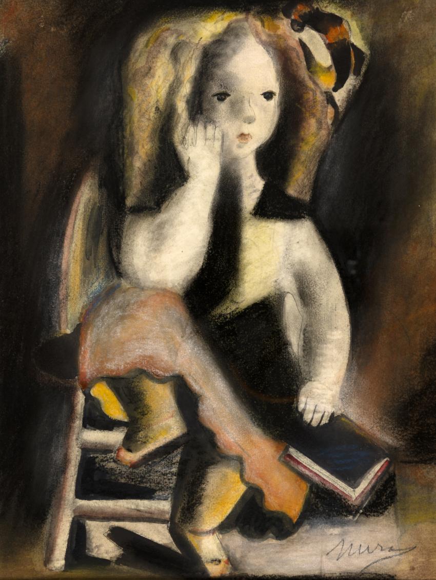 Painting of girl posing for portrait on chair.