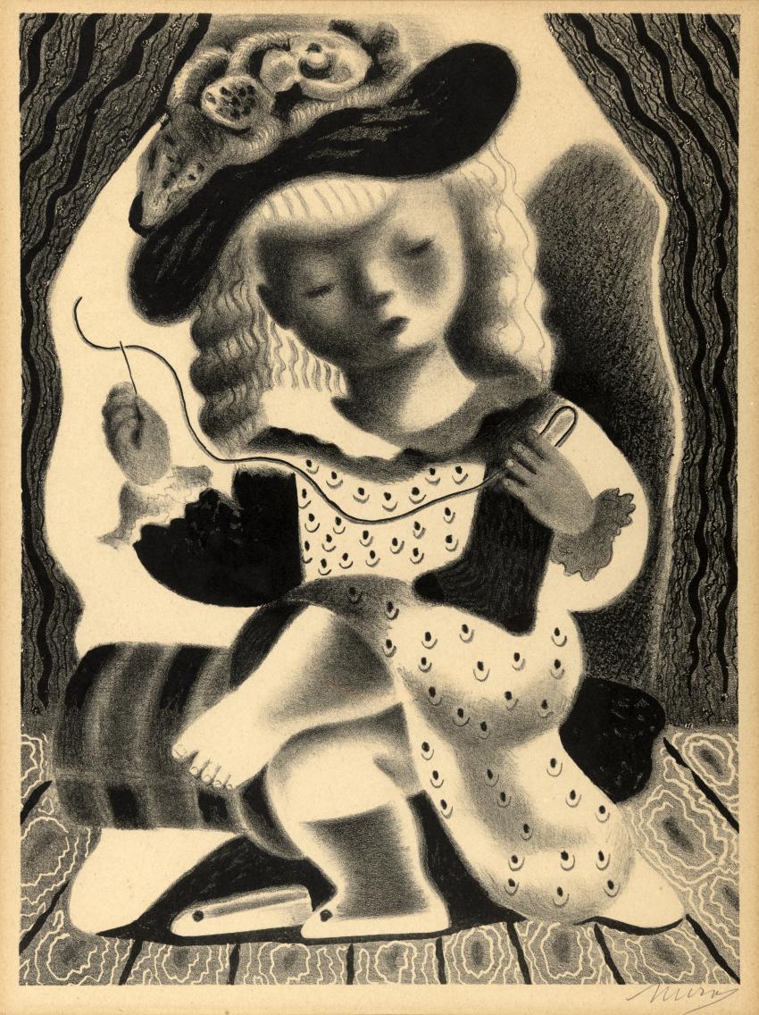 Lithograph of girl sewing. 