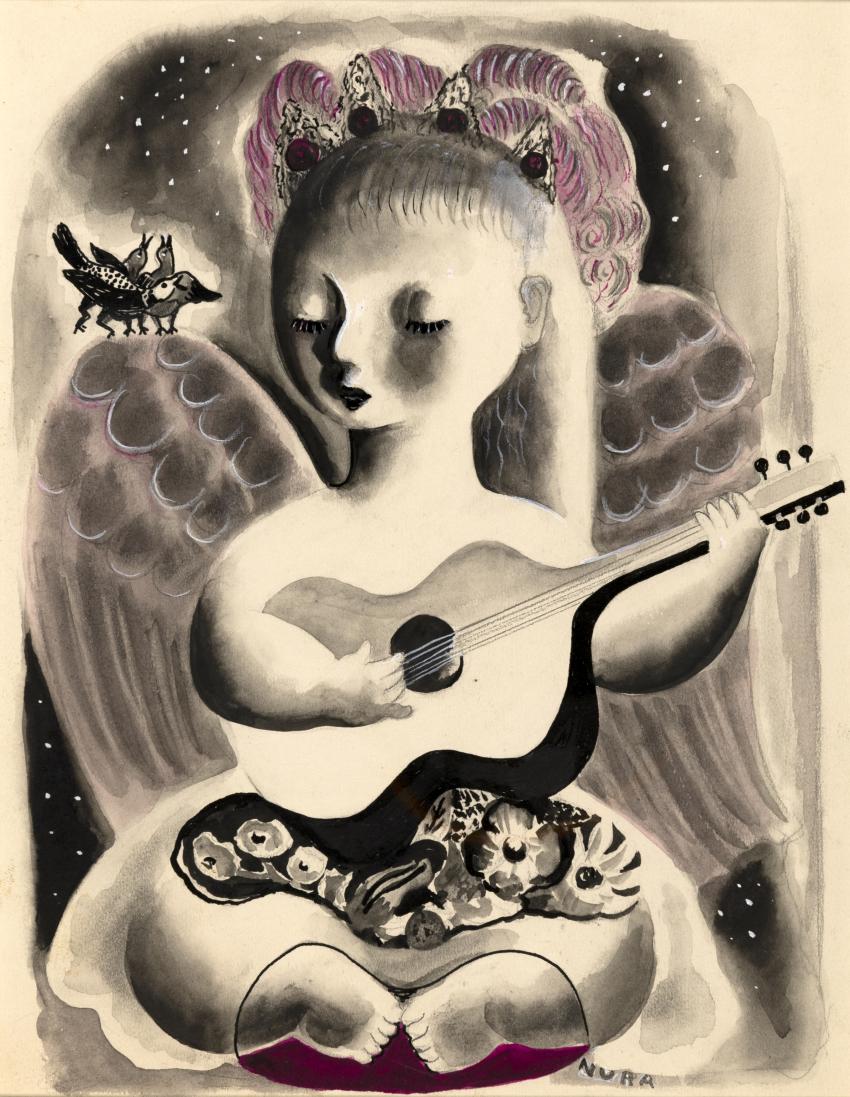Painting of girl with wings playing guitar. 