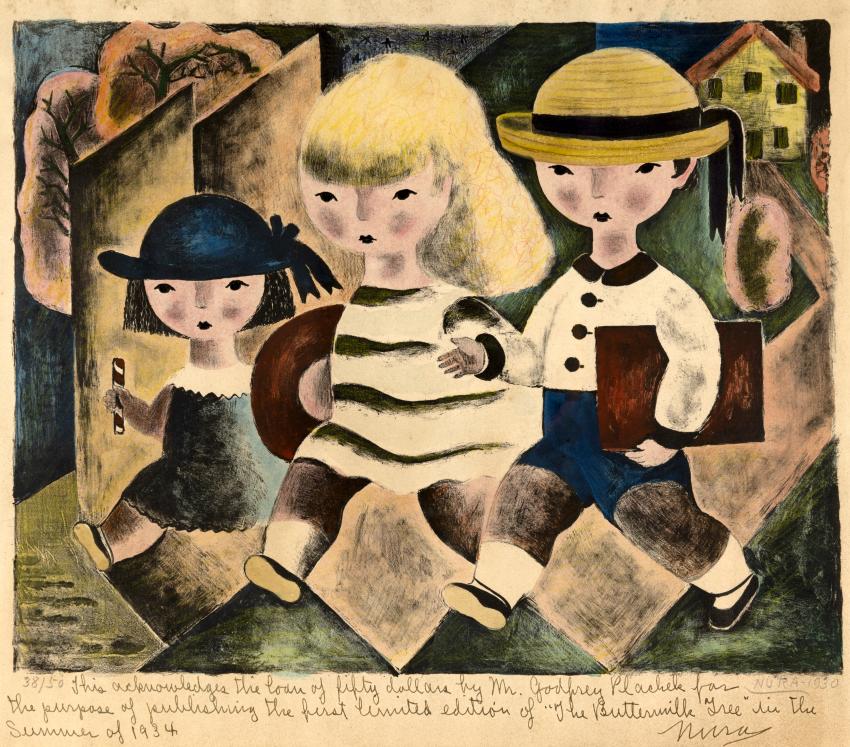 Painting of three children walking in hats. 