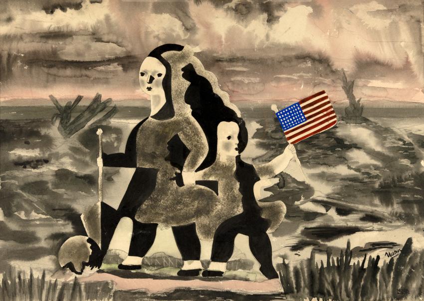 Painting of girl and young child in landscape holding United States flag. 
