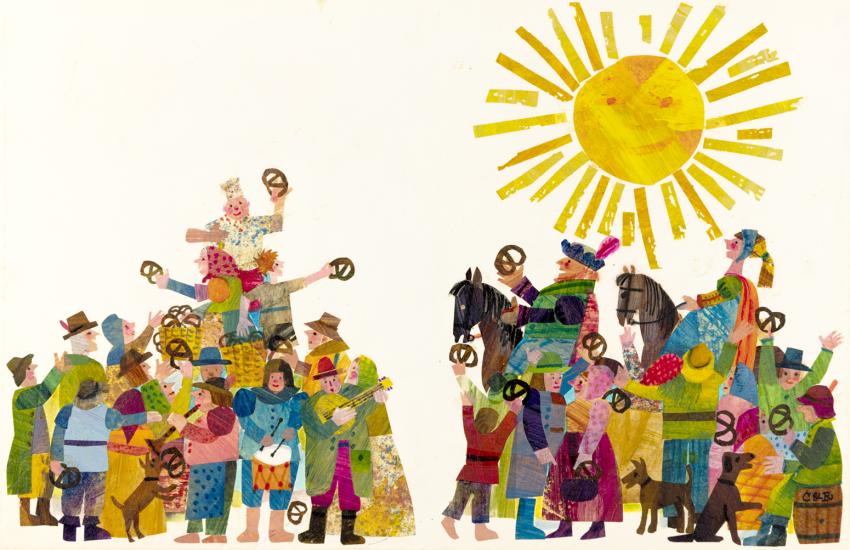 Illustration of crowds of people cheering with pretzels in sunshine.