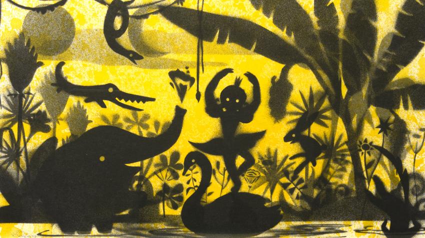 Black shadows of animals and girl dancing against yellow background.