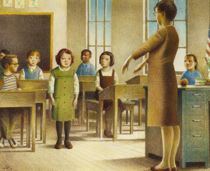Illustration of child and teacher in classroom