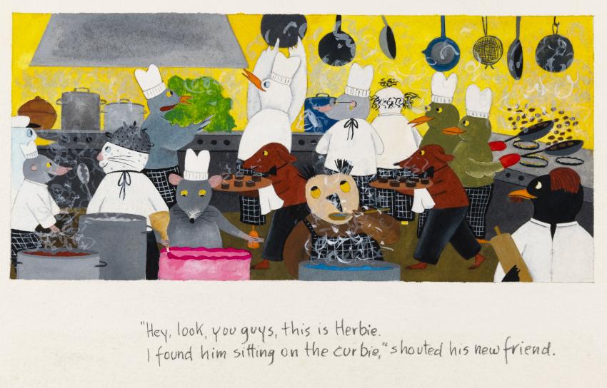 Illustration of animals in kitchen.