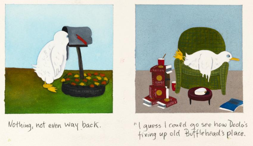 Illustration of chicken looking in mail box and in another frame lying on sofa chair. 