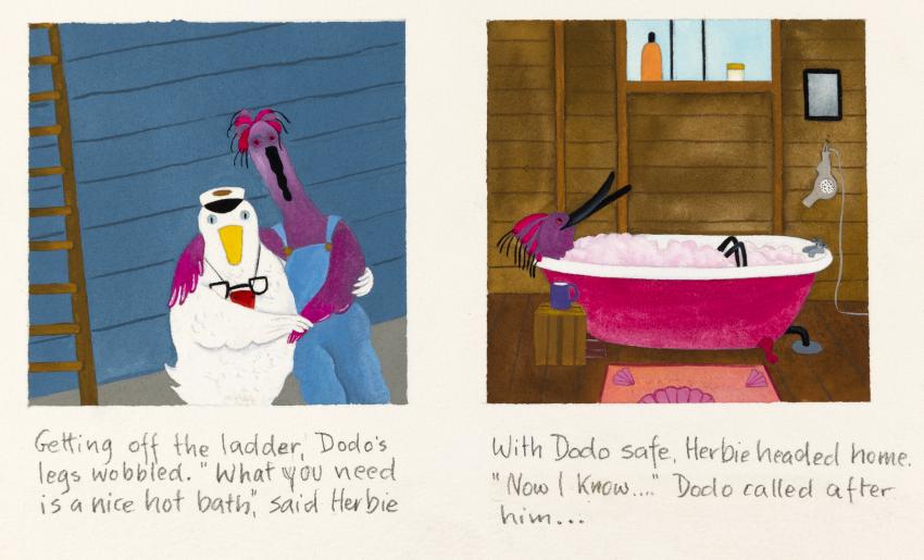 Illustration of chicken with pink bird hugging and pink bird in bathtub. 