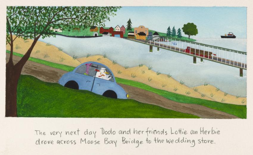 Illustration of duck speeding on blue car in country landscape.