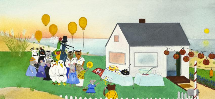 Illustration of animals with balloons at party in backyard. 