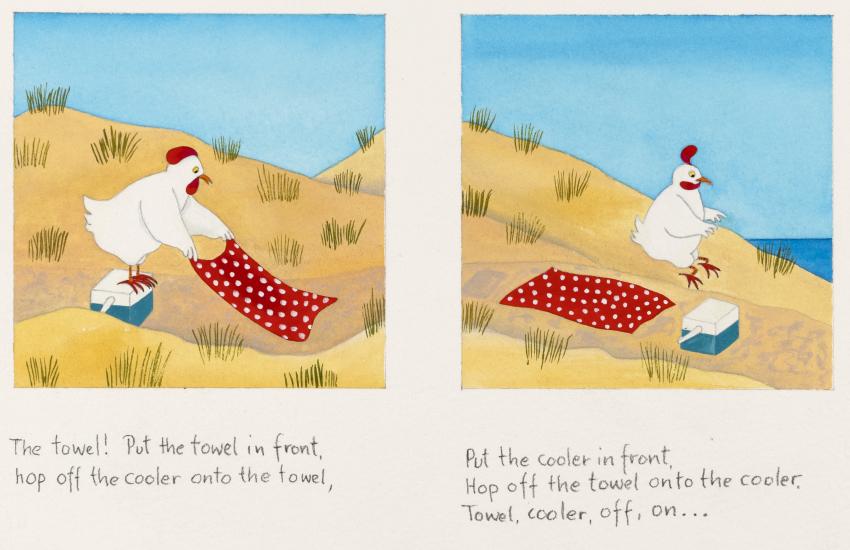 Illustration of chicken at beach.