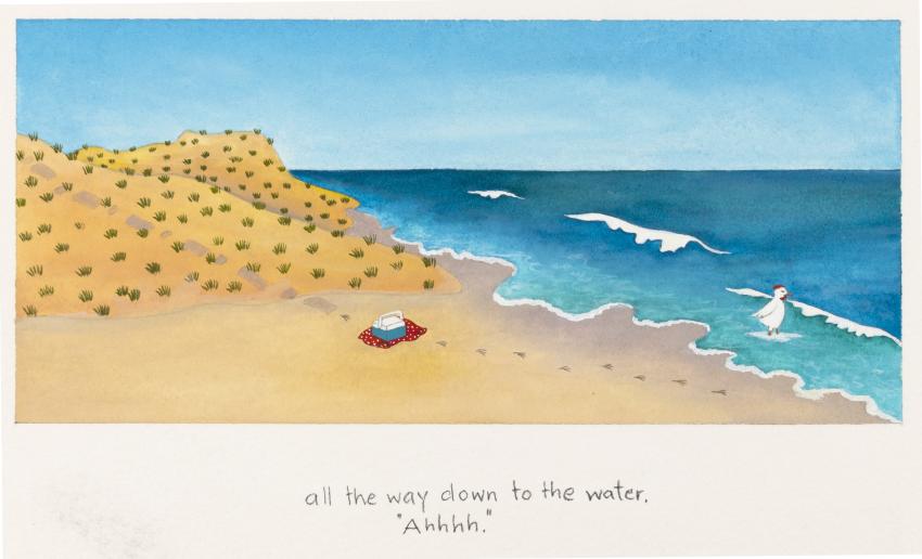Illustration of chicken at beach.