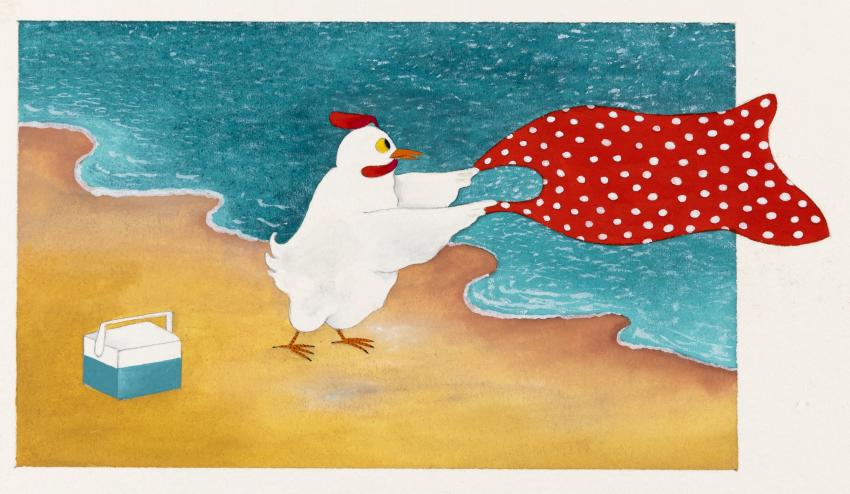 Illustration of chicken throwing red beach towel. 