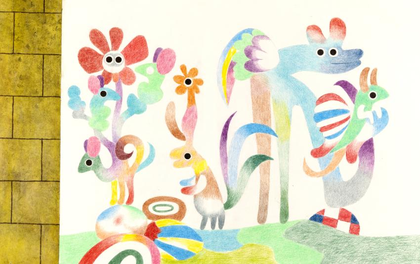 Illustration of psychedelic-looking animals next to wall.