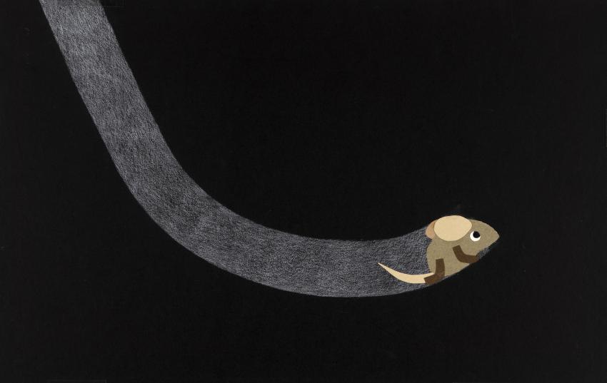 Illustration of mouse burrowing through black space. 