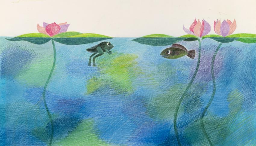 Illustration of two fish swimming below lilypads.