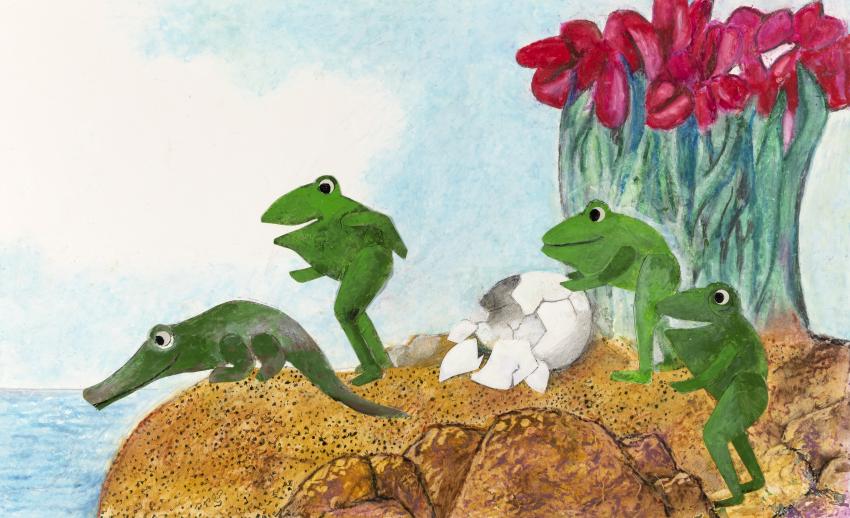 Illustration of four frogs with broken egg. 