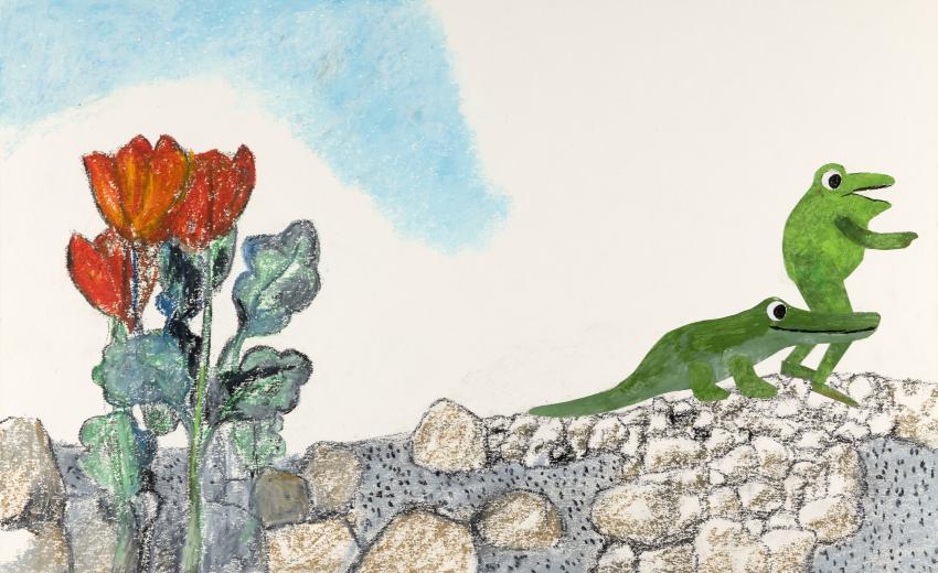 Illustration of frog and lizard on rocks.