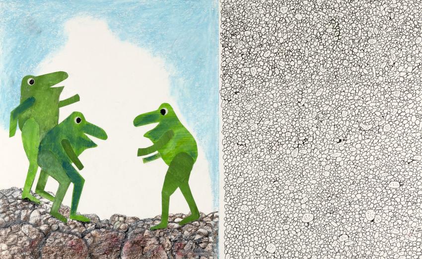 Illustration of frogs on rocks. 