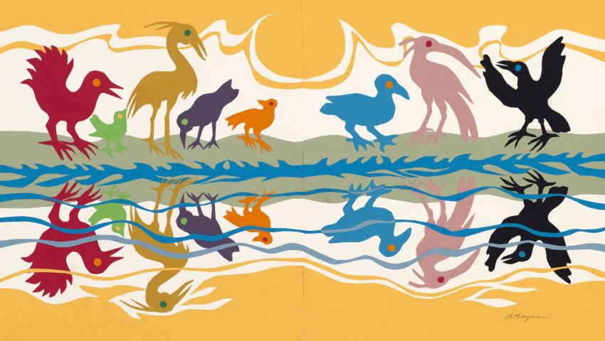 Illustration of birds mirrored in water.