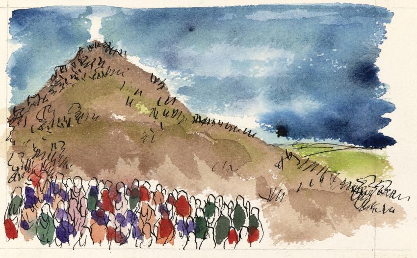 Illustration of mountain with people below.