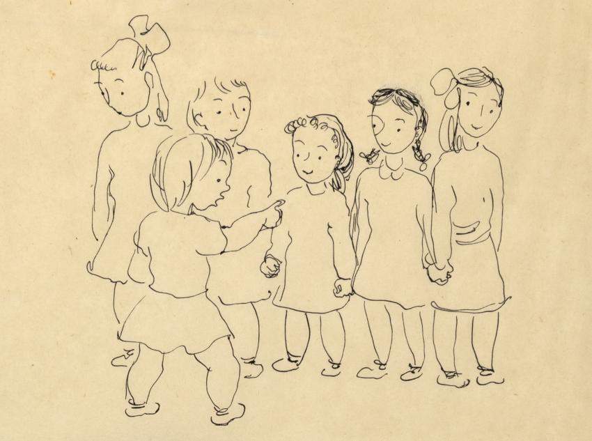 Illustration of girls line up. 