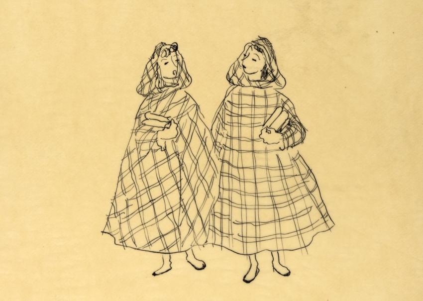 Illustration of two women in overcoats. 