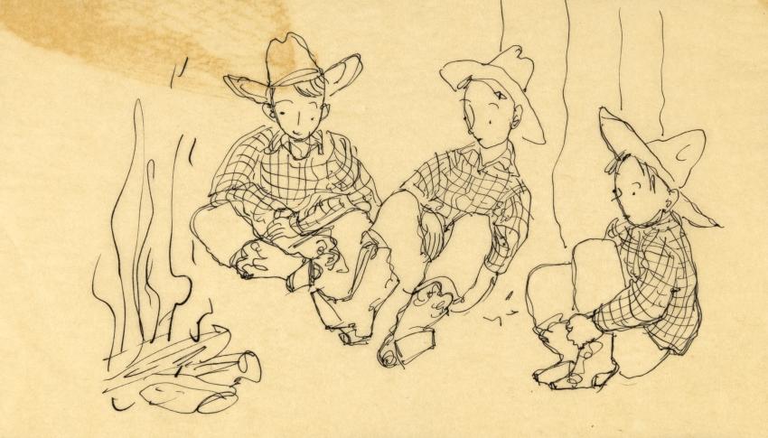 Illustration of three people in cowboy hats sitting by fire. 