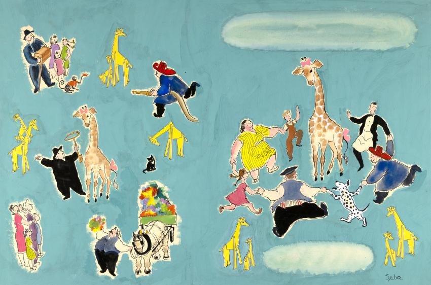 Illustration of various animals and people on blue background.