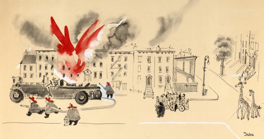 Illustration of houses on fire and fire truck in front. 