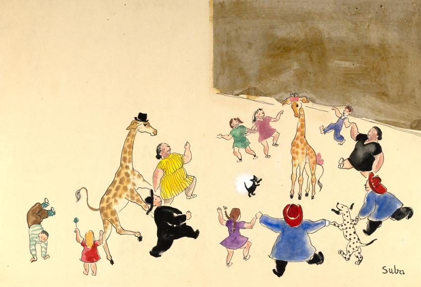 Illustration of giraffes and children playing.