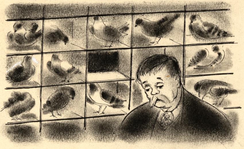 Illustration of man in front of rows of birds. 