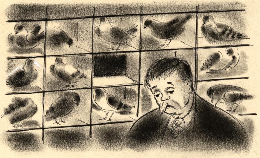 Illustration of man in front of rows of birds.