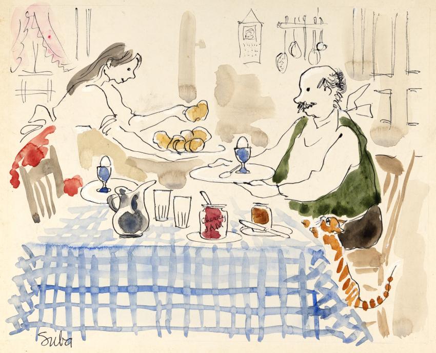 Illustration of woman serving man at table.