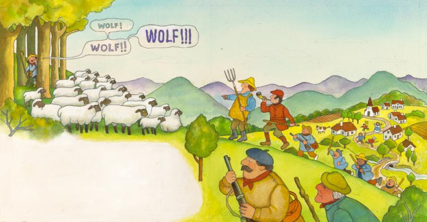 Illustration of farmers in field with sheep.