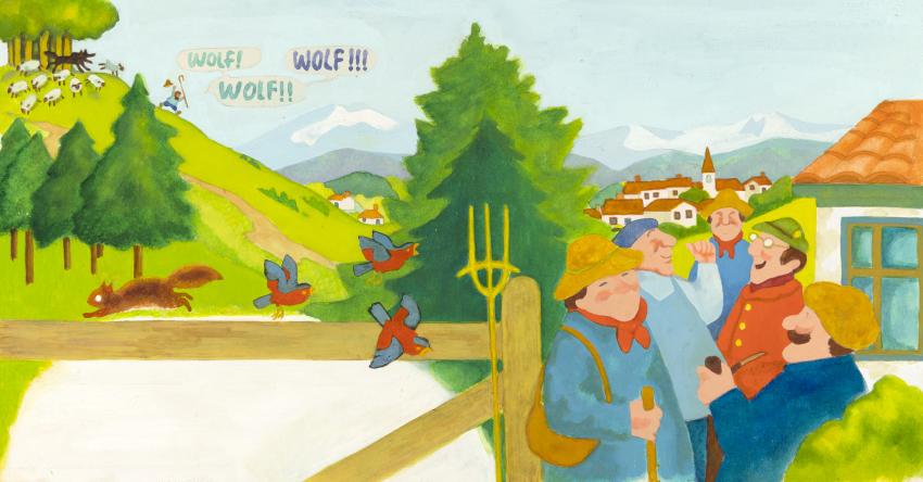 Illustration of farmers in field next to fence.