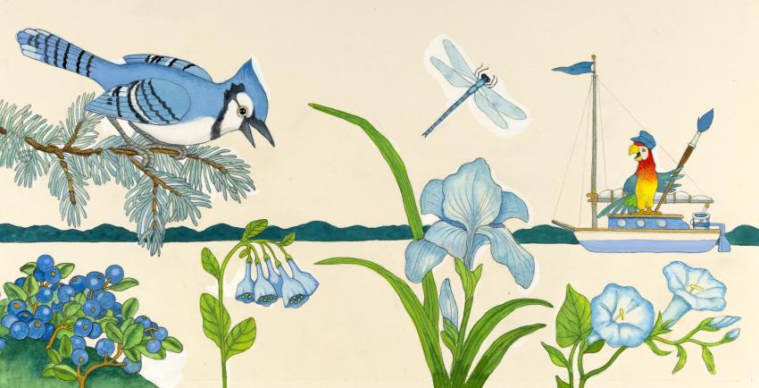Illustration of blue bird with flowers and dragonfly. 